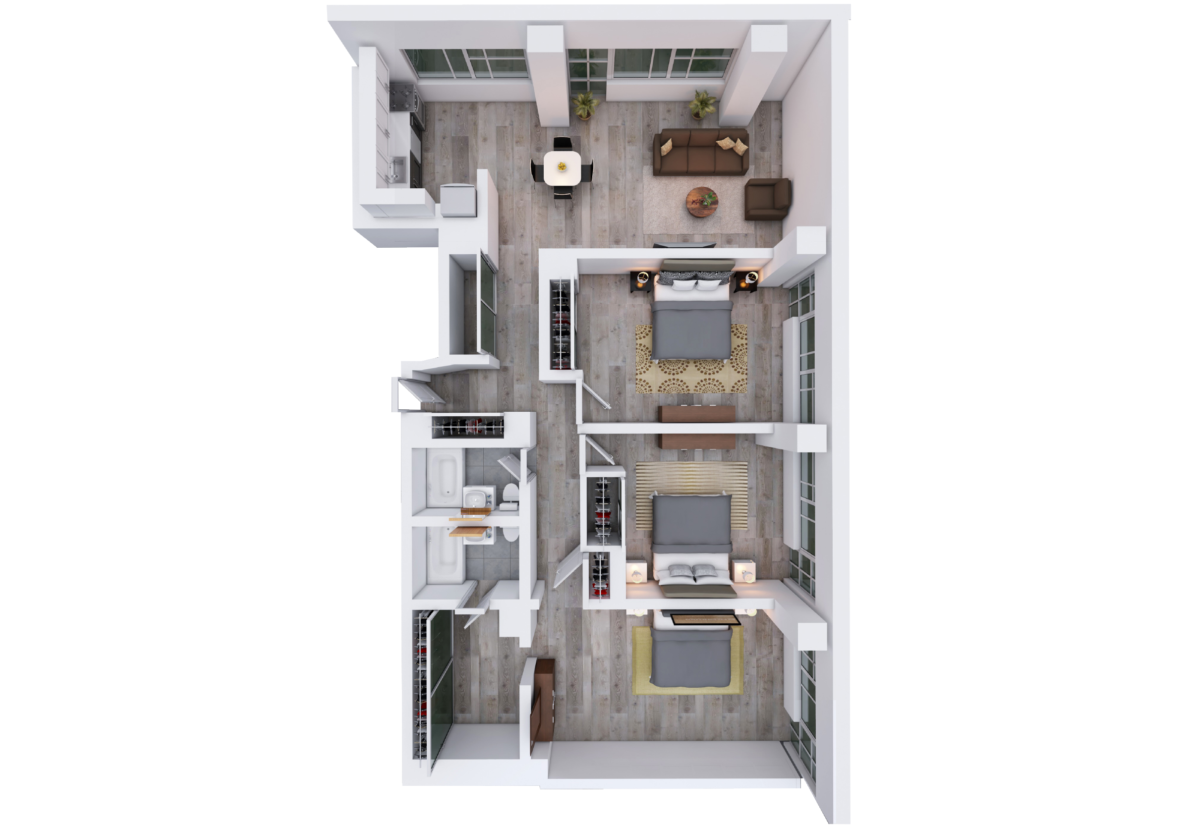 Floor plan for 3 beds, 2 baths, 1290 sqft